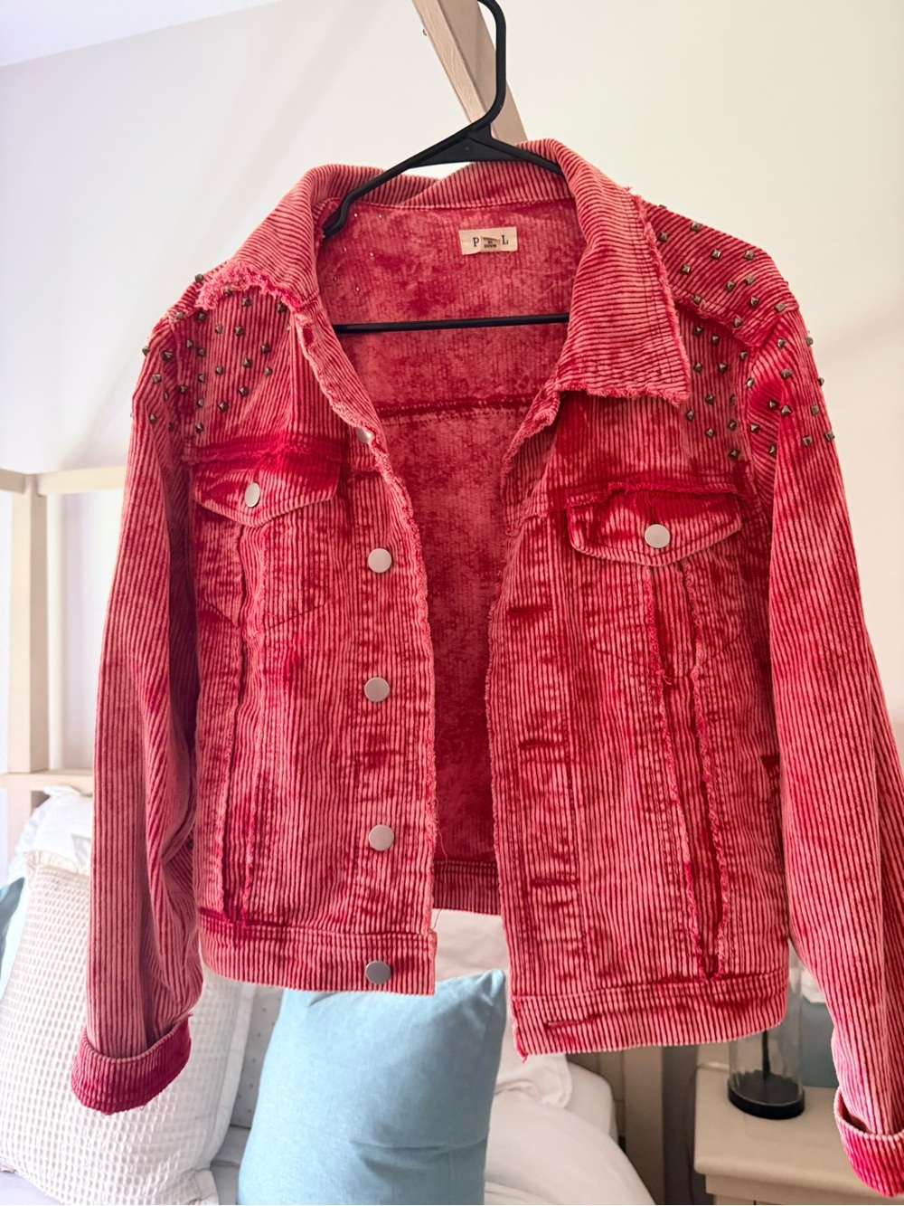 POL Pink Corduroy Studded Trucker Jacket